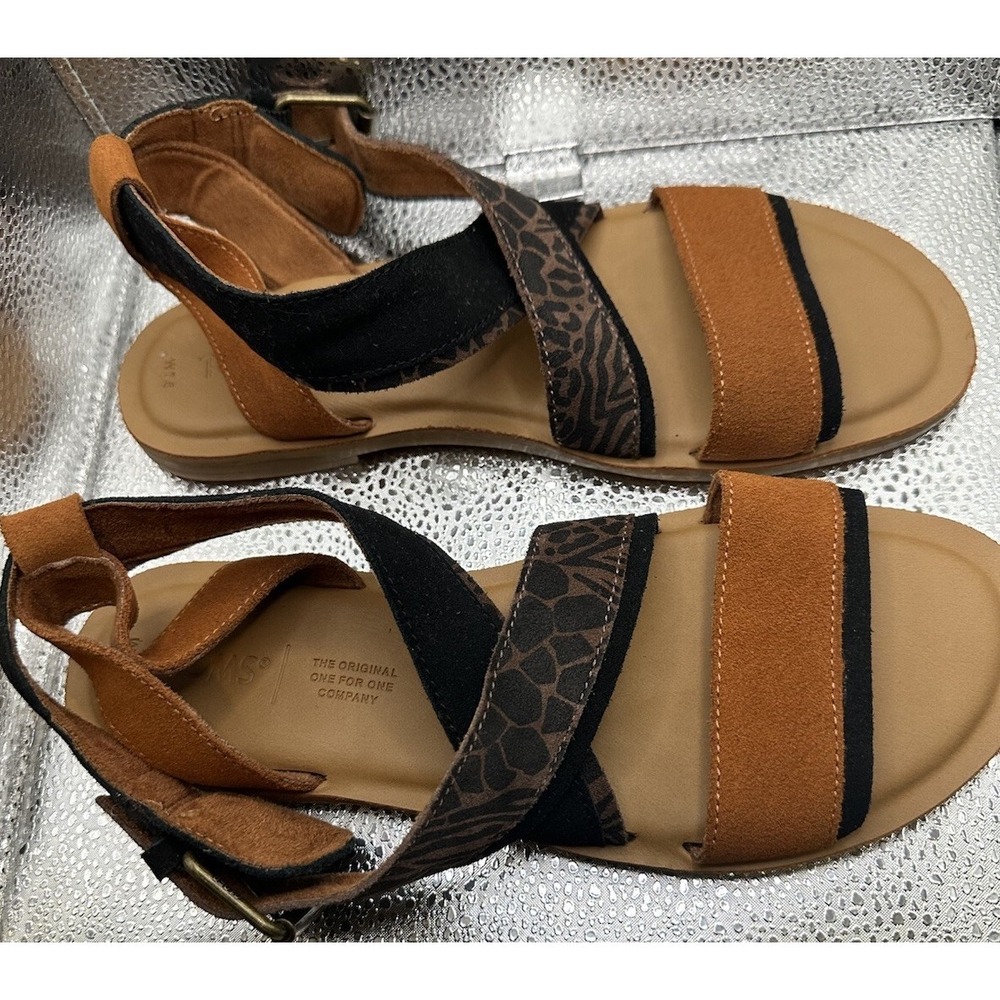 TOMS‎ Women's SIDNEY Sandals Tan Black Leather Leopard Print Gladiator Sz 7.5